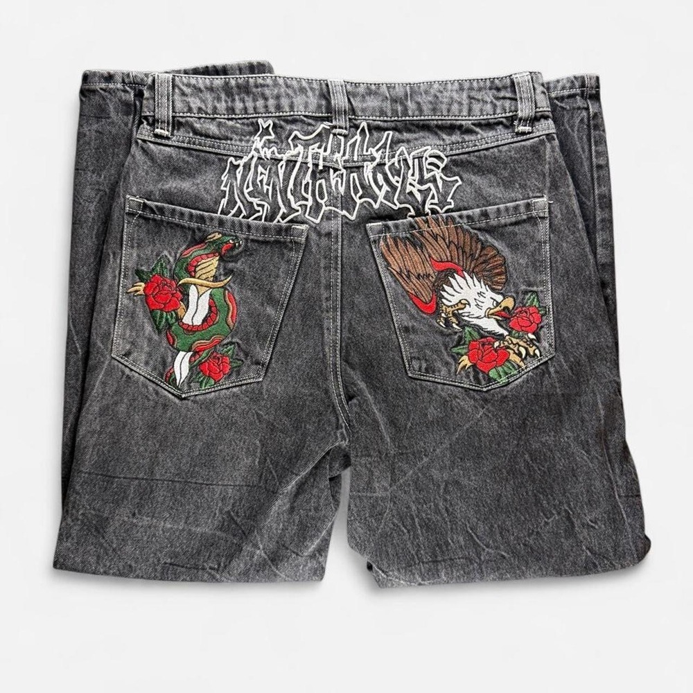 Ninth Hall Ambush Black Acid Wash Baggy Jeans Snake Eagle Embroidered Y2K
